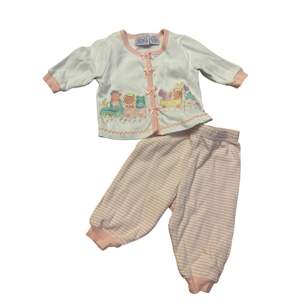 Kidlooks Vintage Baby Girls 2PC Outfit Train Animal Embroidery Pink White 3/6M